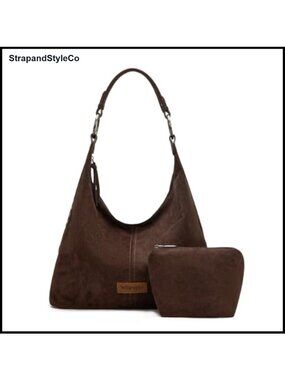 Suede Hobo Purse for Women Embossed Slouchy Shoulder Bag 2Pcs Set